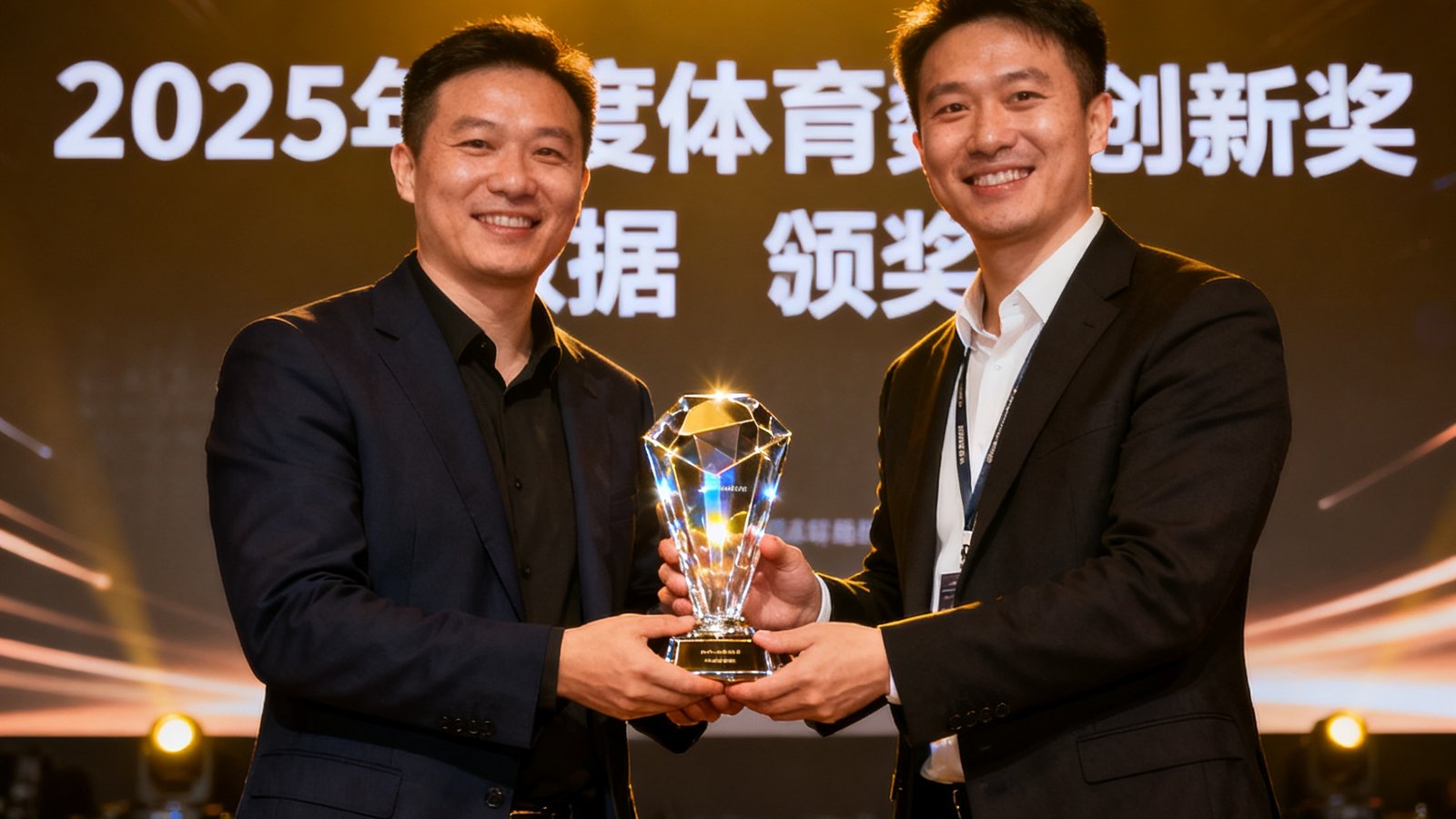 Cmp冠军团队代表在体育科技峰会上台领奖的照片，舞台上颁发的是2025年度体育数据创新奖水晶奖杯