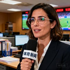 一位30岁左右的西班牙体育女记者艾莲娜·鲁伊斯近照，她手持采访话筒，戴着细框眼镜，背景为新闻编辑室